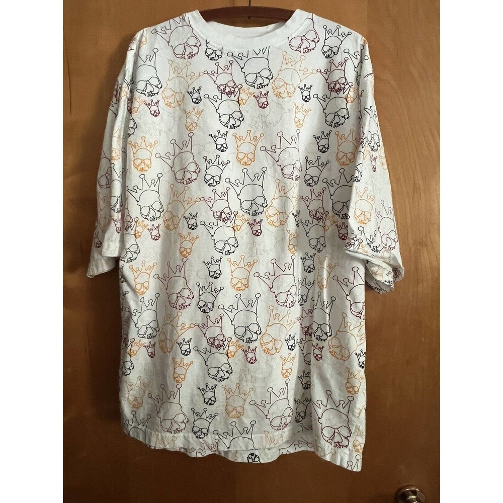 Exsto White W/Graphic Skull With Crown 100 % Cotton Casual SS Shirt EUC SZ: XL